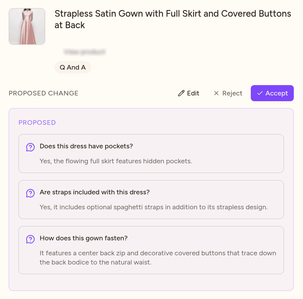 Q&A review for one gown: proposed answers on pockets, optional straps and the back fastening, with Edit, Reject and Accept