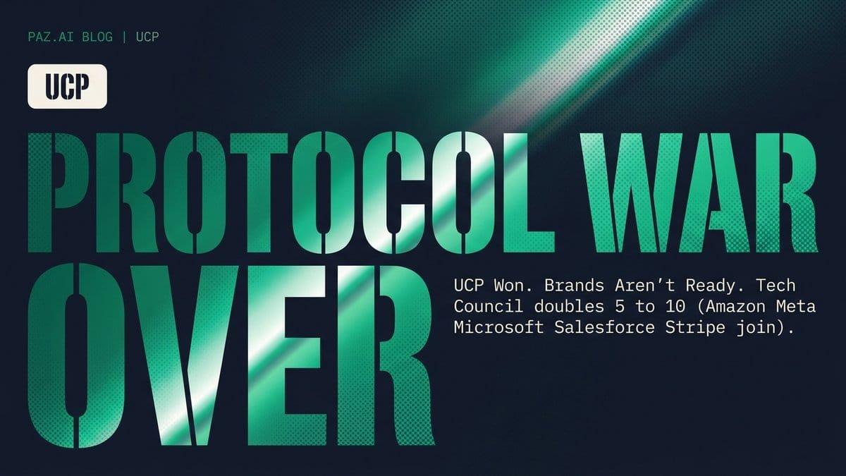 Typographic hero: PROTOCOL WAR OVER stacked in giant emerald stencil type on dark navy, UCP badge, subtext UCP Won, Tech Council doubles 5 to 10.