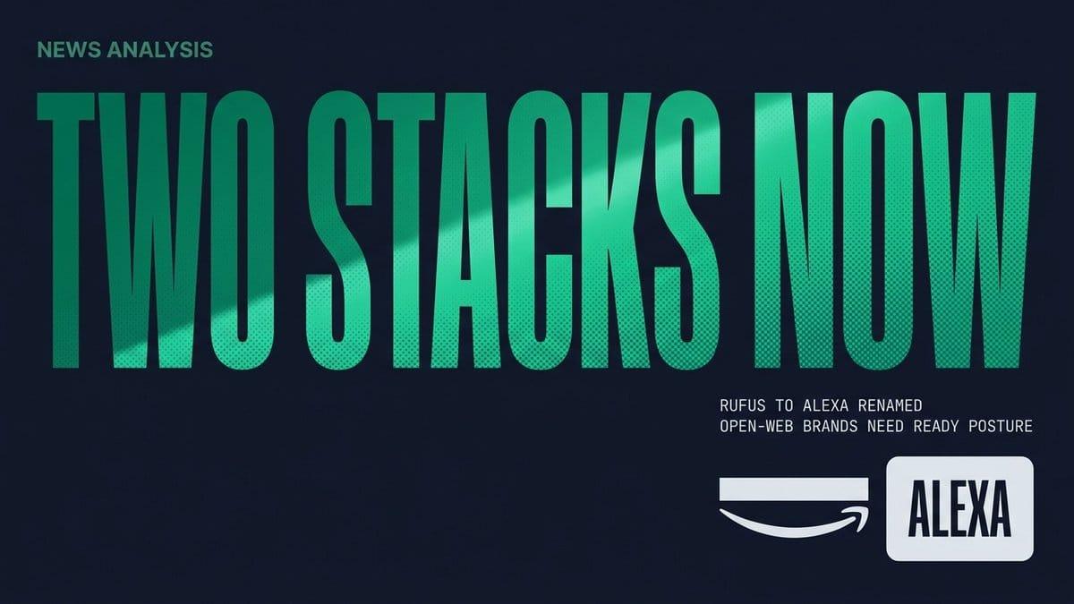 Massive emerald TWO STACKS NOW typography on dark navy with Amazon and Alexa wordmark badges bottom right, no banner overlay.
