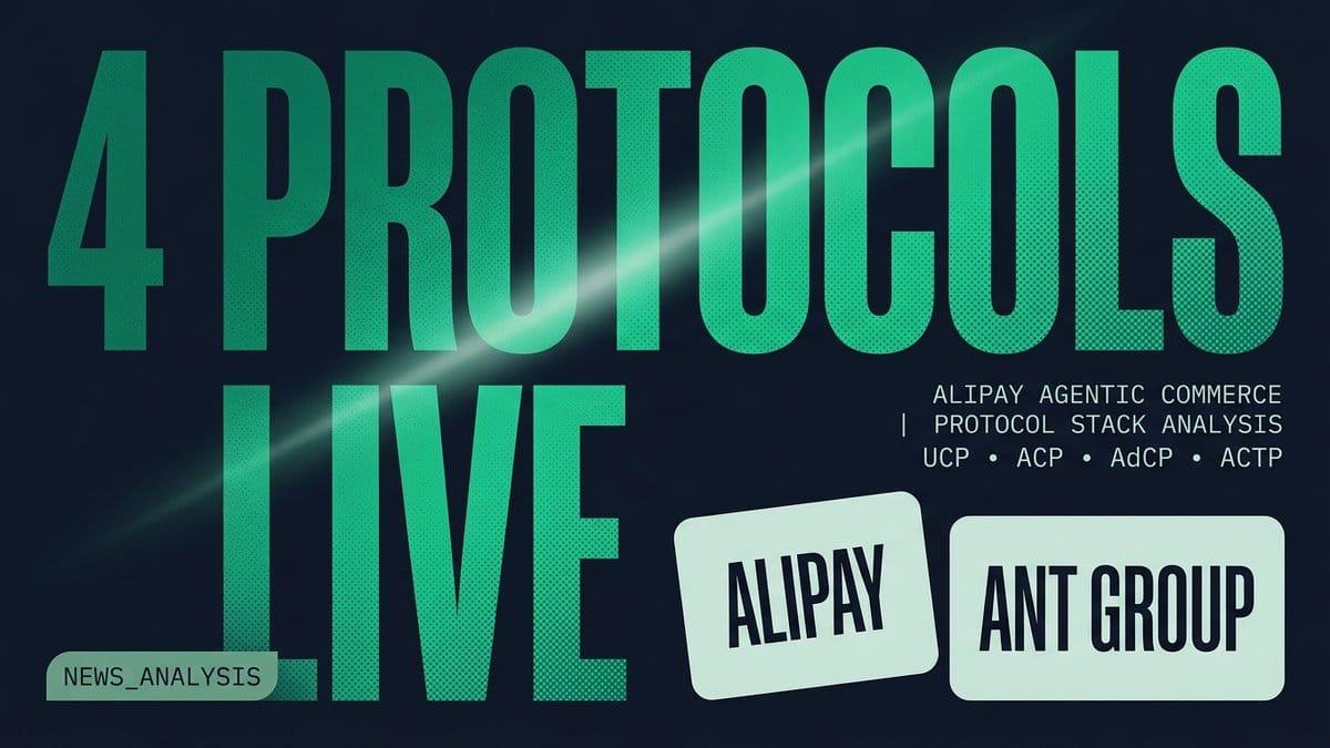 Large emerald-gradient hero typography reading 4 PROTOCOLS LIVE on slate canvas with ALIPAY and ANT GROUP wordmarks, no bottom banner.