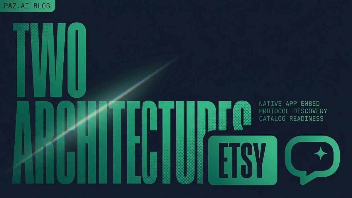 Giant emerald-halftone TWO ARCHITECTURES typography on a navy field with an Etsy wordmark and ChatGPT chat bubble glyph anchored alongside.