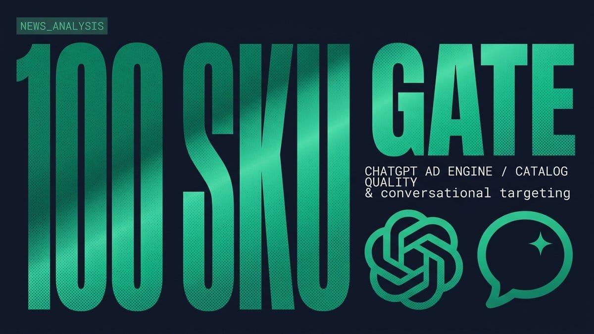 Giant emerald 100 SKU GATE typographic hero on a slate canvas with OpenAI logo and ChatGPT bubble flanking the type, no banner.