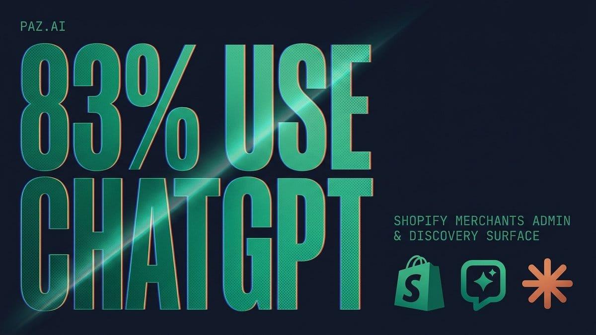 Bold emerald 83% USE CHATGPT typographic hero on slate background with small Shopify bag and ChatGPT chat-bubble icons, paz.ai monospace tag top-left.