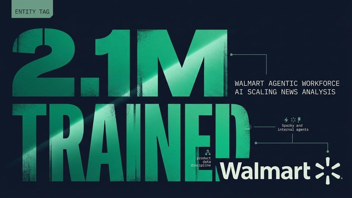 2.1M TRAINED stenciled emerald hero on dark navy with grain texture, supporting label WALMART AGENTIC WORKFORCE AI SCALING NEWS ANALYSIS, white Walmart wordmark with spark mark bot